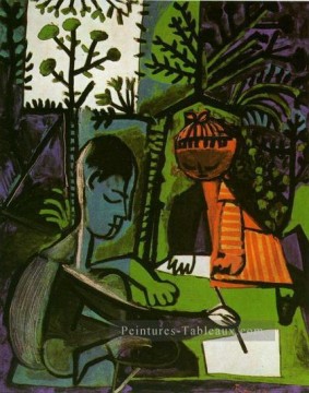 Claude et Paloma dessinant 1954 cubisme Pablo Picasso Peinture à l'huile